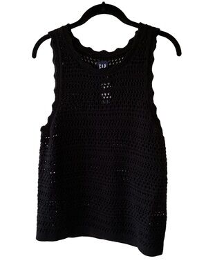 NEW Gap Tall Crochet Sleeveless Sweater Vest Scalloped Trim Black Sz Large Tall